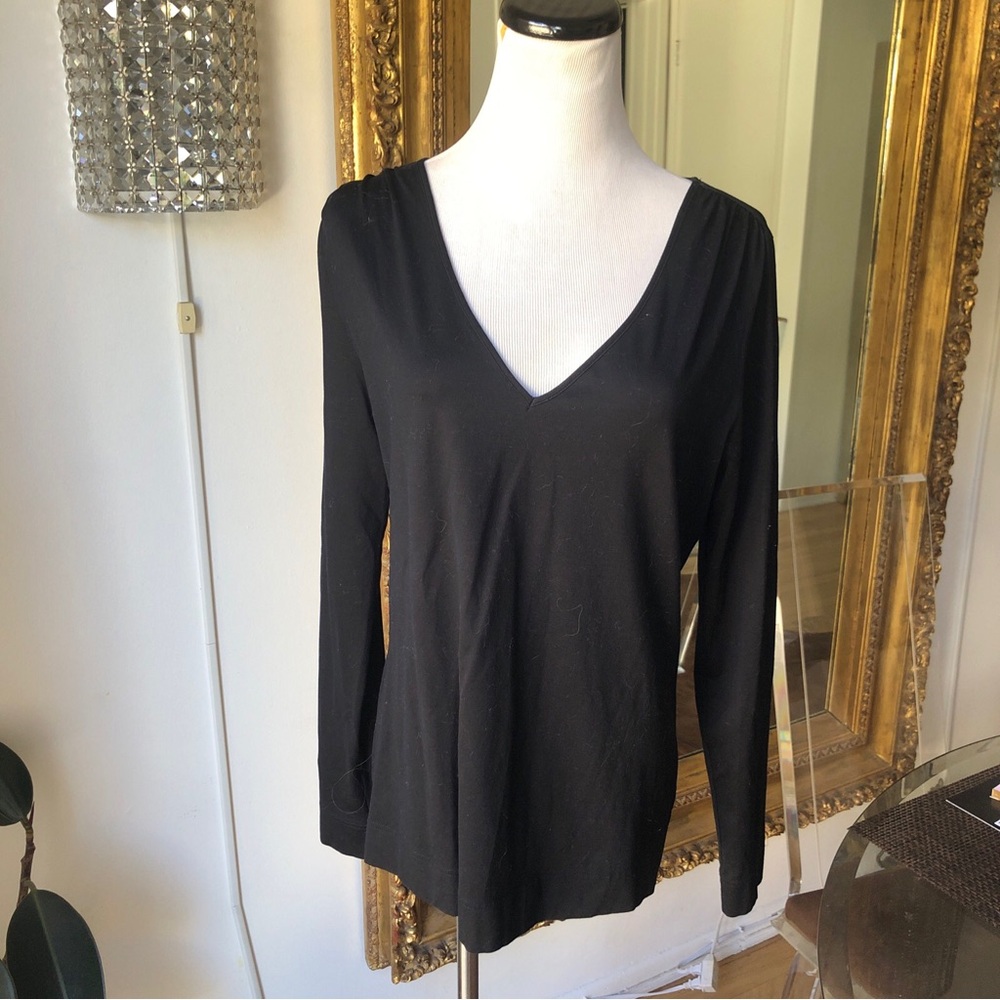 Akris Punto Black V Neck Long Sleeve Cotton Shirt Size 14